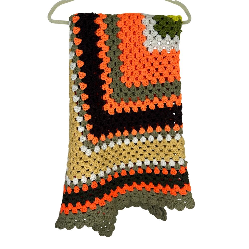 Handmade Retro Granny Square Crochet Blanket 80x70 – Orange Olive Tan